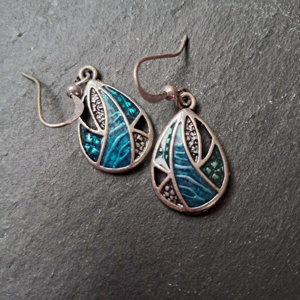 Silvertone Teardrop Shaped Dangle Earrings Inlay Design